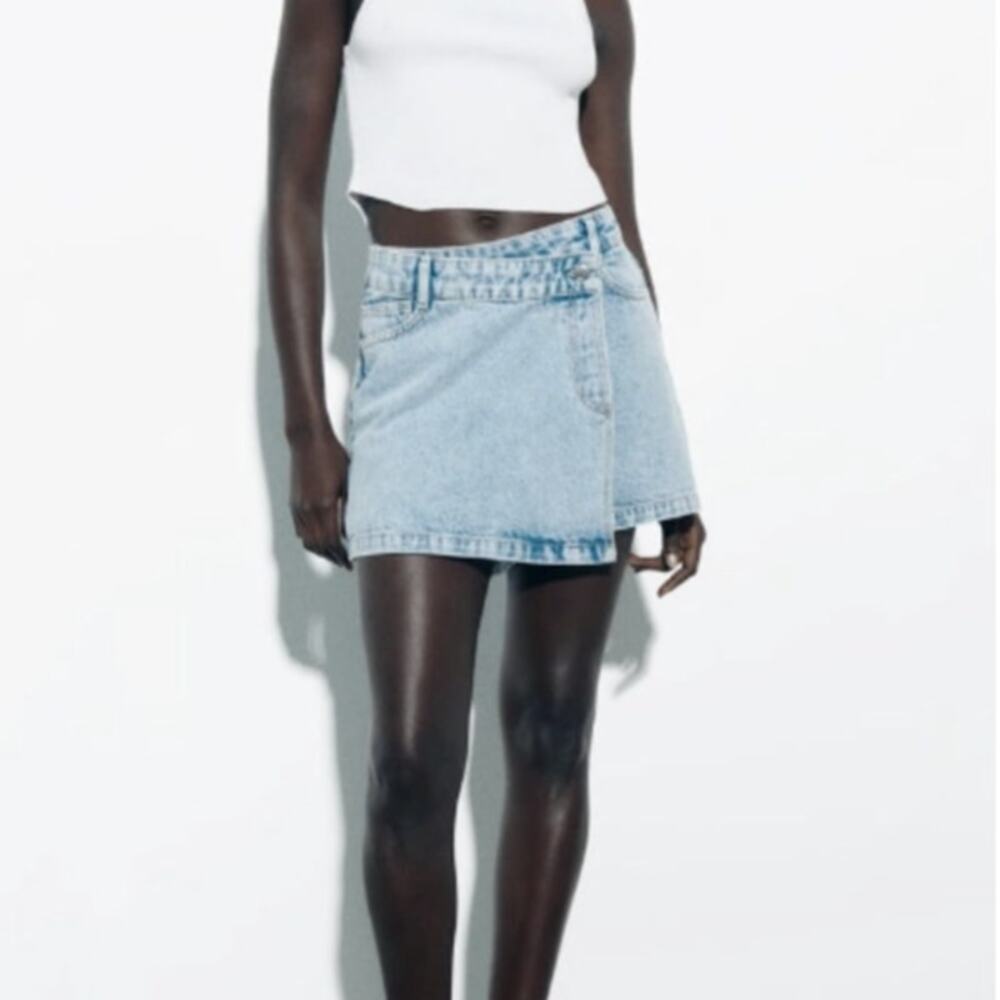 Zara Denim Faux Wrap Front Skort High Rise Jean Skirt Shorts Light Wash Cotton - Picture 3 of 8